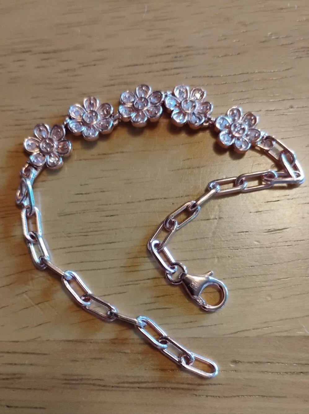 Rose Gold Vermeil Over 925 Silver Floral Link Bracelet Natural Pink Diamonds - Picture 1 of 4